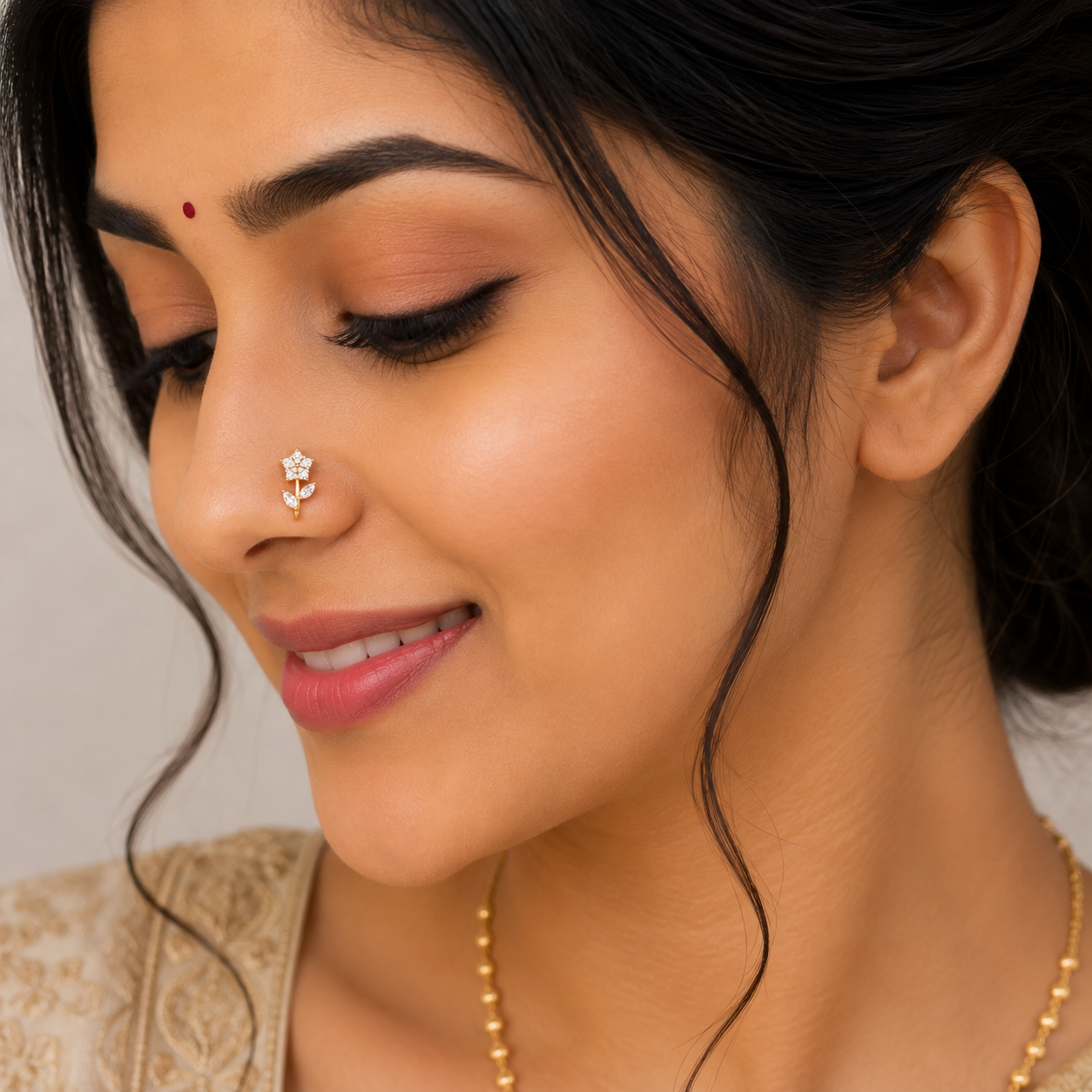 Clear Crystal-Style Flower and Leaf Nose Pin